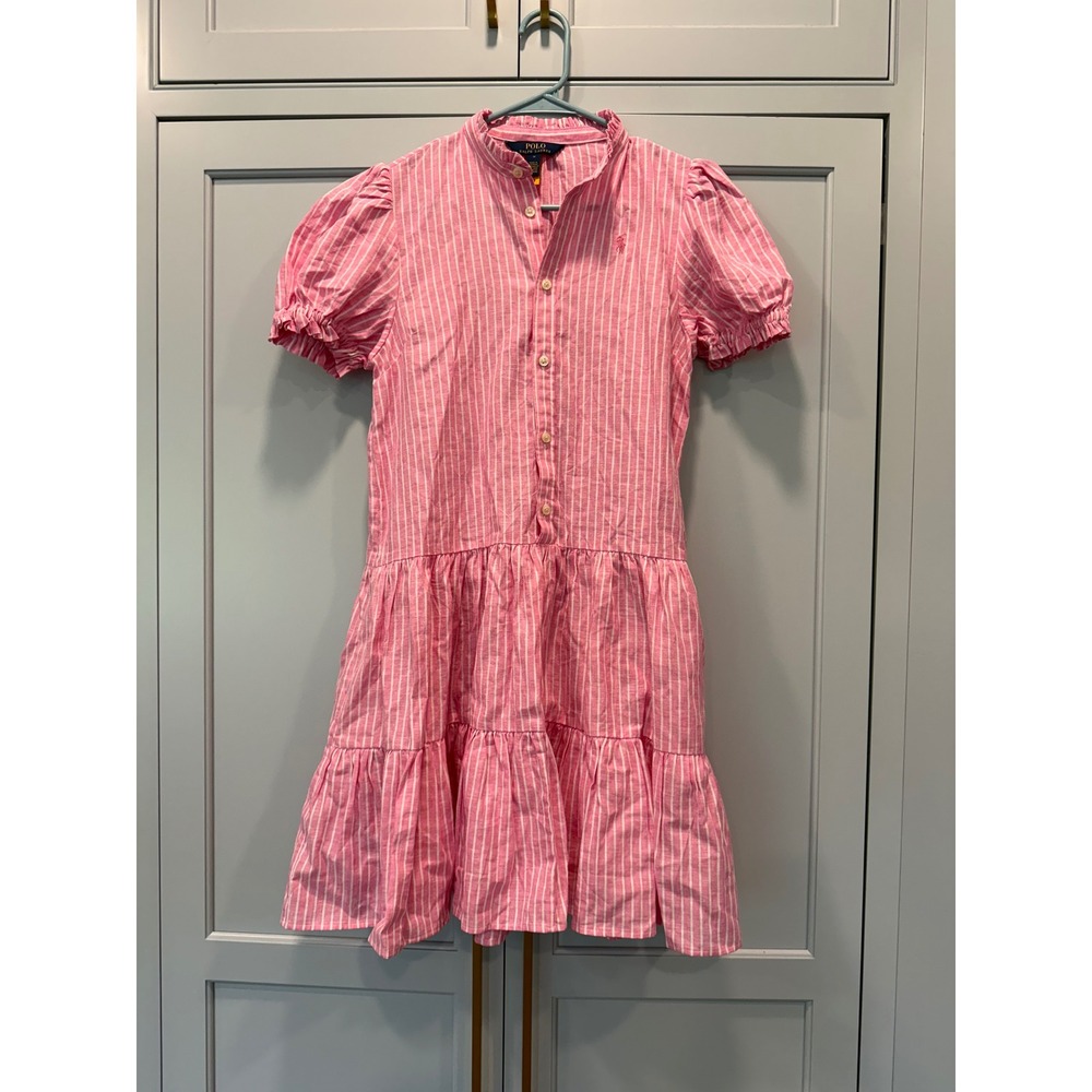 Polo Ralph Lauren Girls Pink Striped Linen Cotton Tiered Shirt Dress 16 pockets